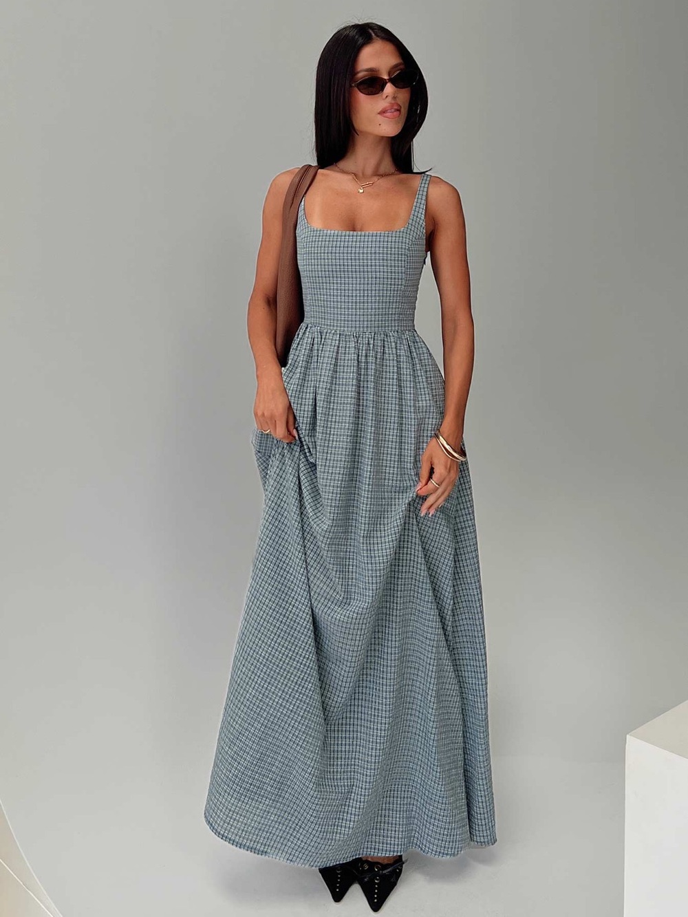 Princess Polly Cartmel Check Maxi Dress Navy